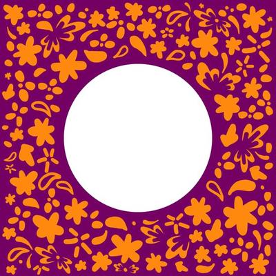Floral frame orange flowers on a purple background. Vector frame with round place for text.