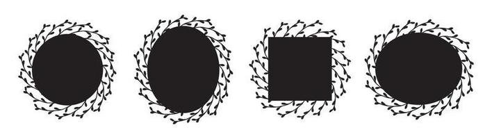 Set of beautiful willow frames. Square, oval, round frames with copyspace. Frames black silhouette isolated. vector