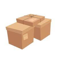 Set of closed and tied cardboard boxes in cartoon style on a white background. vector