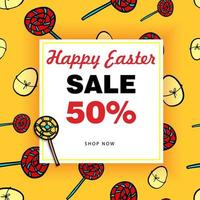 Easter eggs sale square banner. Easter frame with painted eggs, sweets that are scattered around the background, yellow and red colors, vector