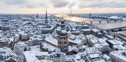 Riga old town cityscape top winter view. Famous aerial sight and toursist destination of Domes cathedral. Travelling to Latvia photo