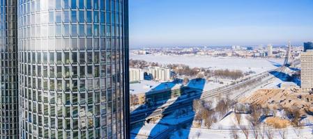 Riga, Latvia. February 10, 2021. Aerial view of the Z Towers in Riga, Latvia during cold sunny winter day. photo