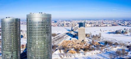 Riga, Latvia. February 10, 2021. Aerial view of the Z Towers in Riga, Latvia during cold sunny winter day. photo