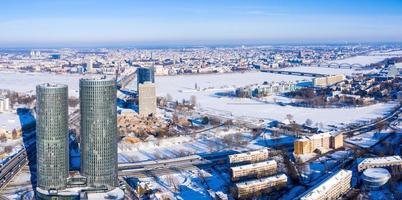 Riga, Latvia. February 10, 2021. Aerial view of the Z Towers in Riga, Latvia during cold sunny winter day. photo