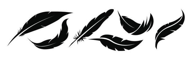 set of Writing quill feather simple silhouette icon, Quill black vector calligraphy icon