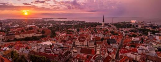 Panoramic view of Old Tallinn city at purple sunset, Estonia. photo