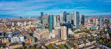 Aerial panoramic view of the Canary Wharf business district in London, UK. photo