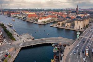 Beautiful aerial panoramic view of the Copenhagen, Denmark. Canals, old town, Tivoli Gardens amusement park and Nyhavn