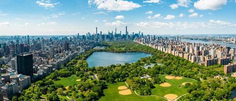 Central Park aerial view in Manhattan, New York. huge beautiful park is surrounded by skyscraper