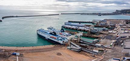 Aerial view of harbor and trucks parked along side each other in Dover, UK. photo