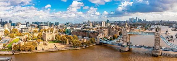 Aerial panoramic cityscape view of the London Tower Bridge
