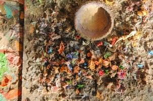 dried paint on a wood surface. top view. concept artistic and creative chaos photo