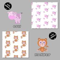 Set of vector seamless patterns with animals. Hand drawn illustration of cow and monkey