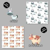 Set of vector seamless patterns with animals. Hand drawn illustration of goat and buffalo