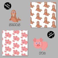 Set of vector seamless patterns with animals. Hand drawn illustration of seals and pig