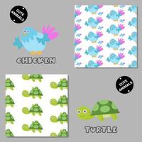 Set of vector seamless patterns with animals. Hand drawn illustration of chicken and turtle