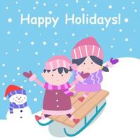 ilustración de felices fiestas con niño niña y muñeco de nieve vector