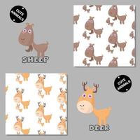 Set of vector seamless patterns with animals. Hand drawn illustration of sheep and deer