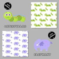 Set of vector seamless patterns with animals. Hand drawn illustration of caterpillar and elephant