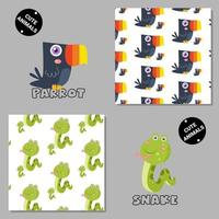 Set of vector seamless patterns with animals. Hand drawn illustration of parrot and snake