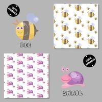 Set of vector seamless patterns with animals. Hand drawn illustration of bee and snail