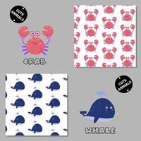 Set of vector seamless patterns with animals. Hand drawn illustration of crab and whale