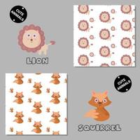 Set of vector seamless patterns with animals. Hand drawn illustration of lion and squirrel