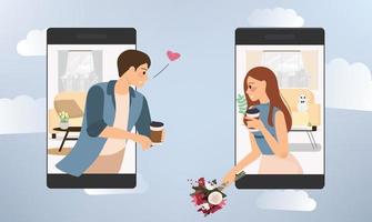 young happy couple use mobile phone to communicate for social distancing vector