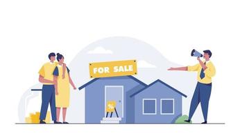 Young couple buying new house. Happy woman and man standing in front of house. vector