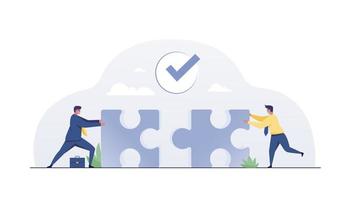Team of business collaborate holding up jigsaw puzzle pieces. Two businessmen combine puzzles. vector