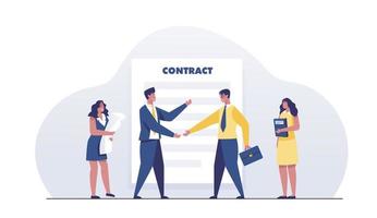 Agreement. Business people shaking hands in front of a contract. vector