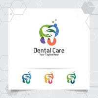 diseño de vector de dentista con logotipo dental con concepto de icono de mano y diente. Atención dental para hospital, médico, clínica y salud.