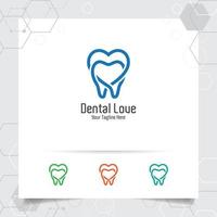 diseño de vector de dentista de logotipo dental con concepto de símbolo de amor de corazón e icono de diente. Atención dental para hospital, médico, clínica y salud.