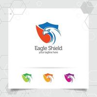 diseño de vector de logotipo de escudo de águila con concepto de guardia de seguridad e ilustración de icono de cabeza de águila para protección de datos, bloqueo de privacidad y seguridad del sistema.