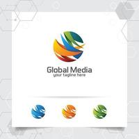 diseño de vector de logotipo global abstracto con flecha en esfera e ilustración de símbolo digital para consultoría, tecnología y finanzas empresariales.