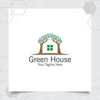 Green house logo design vector with concept of home and leaf icon illustration for real estate, property, residence and mortgage.