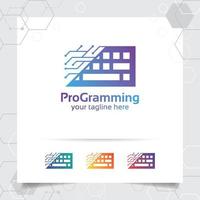 Digital coding logo vector design with concept of keyboard icon and programmer illustration for web development, UI, desktop application, and developer.