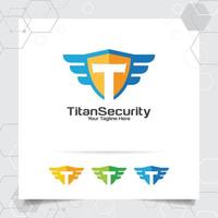 concepto vectorial de diseño del logotipo de la letra t de seguridad de escudo e icono t en el interior para el bloqueo de privacidad de datos de Internet. vector