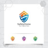 House home logo design concept of shied vector and security icon. Real estate and property logo for construction, contractor, architect, and rent house.