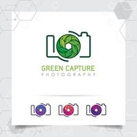 Photography and photo logo design with concept of leaf icon and camera lens vector for photographer, studio photo, and nature photography.