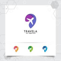 Travel logo design concept of airplane icon with pin map symbol. Traveling logo vector for world tour, adventure, and holiday.