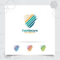 diseño de logotipo de escudo de seguridad con concepto de vector de escudo de protección e icono de tecnología para privacidad de datos, antivirus y seguridad del sistema.