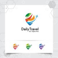 Travel logo design concept of airplane icon with pin map symbol. Traveling logo vector for world tour, adventure, and holiday.
