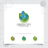 concepto de diseño de logotipo inmobiliario de ilustración de construcción de ciudad verde. vector de logotipo de propiedad para construcción, contratista, residencia y paisaje urbano.