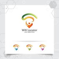 logotipo del localizador wifi con un diseño moderno y brillante. puntero de mapa y vector de símbolo de señal wifi.