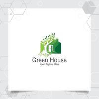 Green house logo design vector with concept of home and leaf icon illustration for real estate, property, residence and mortgage.