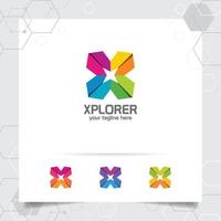 vector de diseño de logotipo de letra x con concepto de símbolo de icono cruzado y estilo moderno y colorido para tecnología, software, estudio, aplicación y negocios.