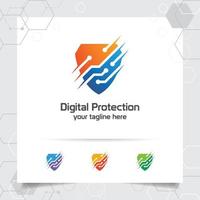 diseño de logotipo de escudo de seguridad con concepto de vector de escudo de protección e icono de tecnología para privacidad de datos, antivirus y seguridad del sistema.