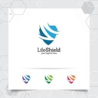 Security shield logo design with concept of protection shield vector and technology icon for data privacy, anti virus and system security.