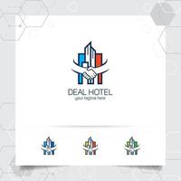 Hotel logo design vector with concept of deal and hand shake. Real estate and apartment logo vector for hotel, residence, construction and contractor.